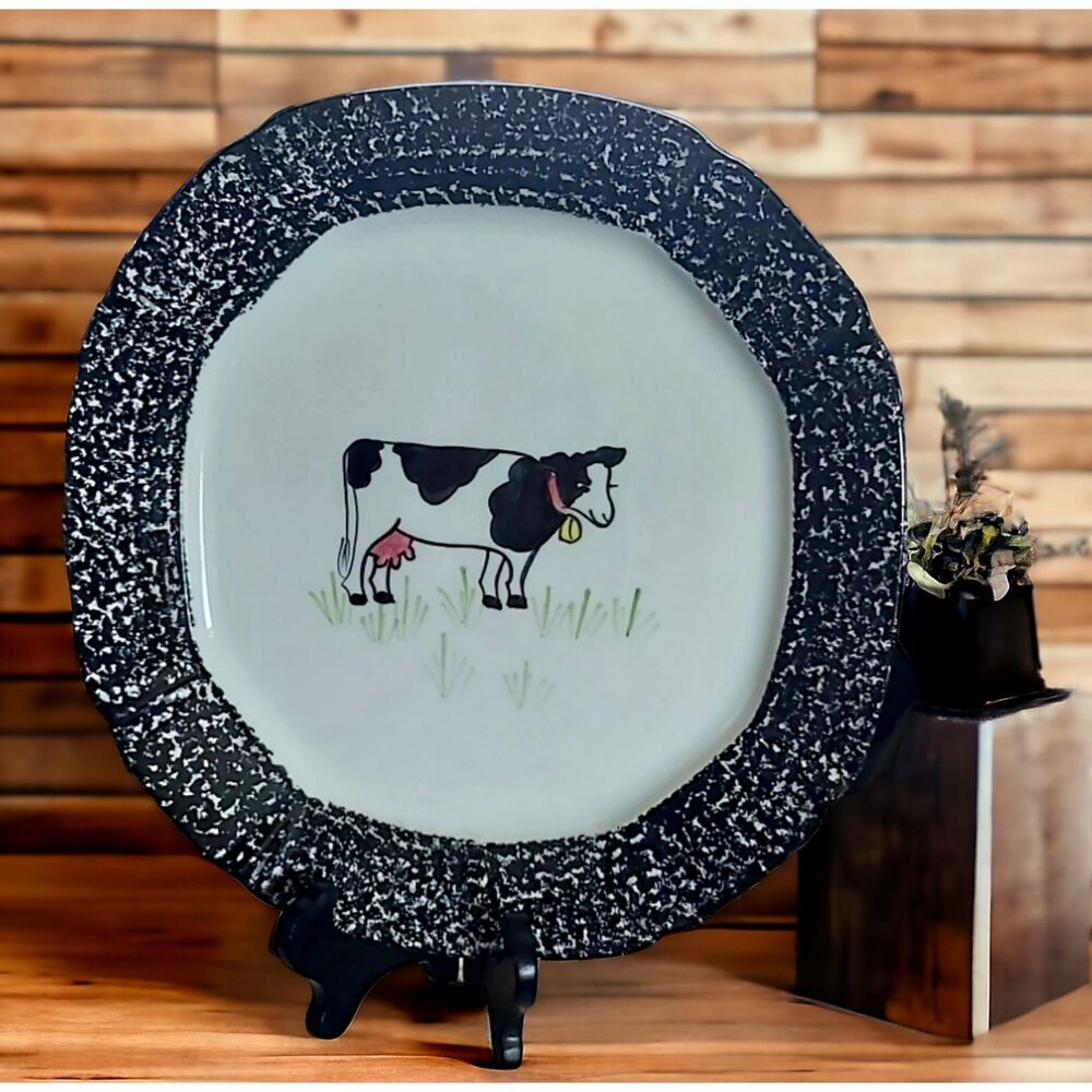 Rare NS Gustin Pottery SpongeWare Cow Serving Plate Black White Stipple 13.5 USA